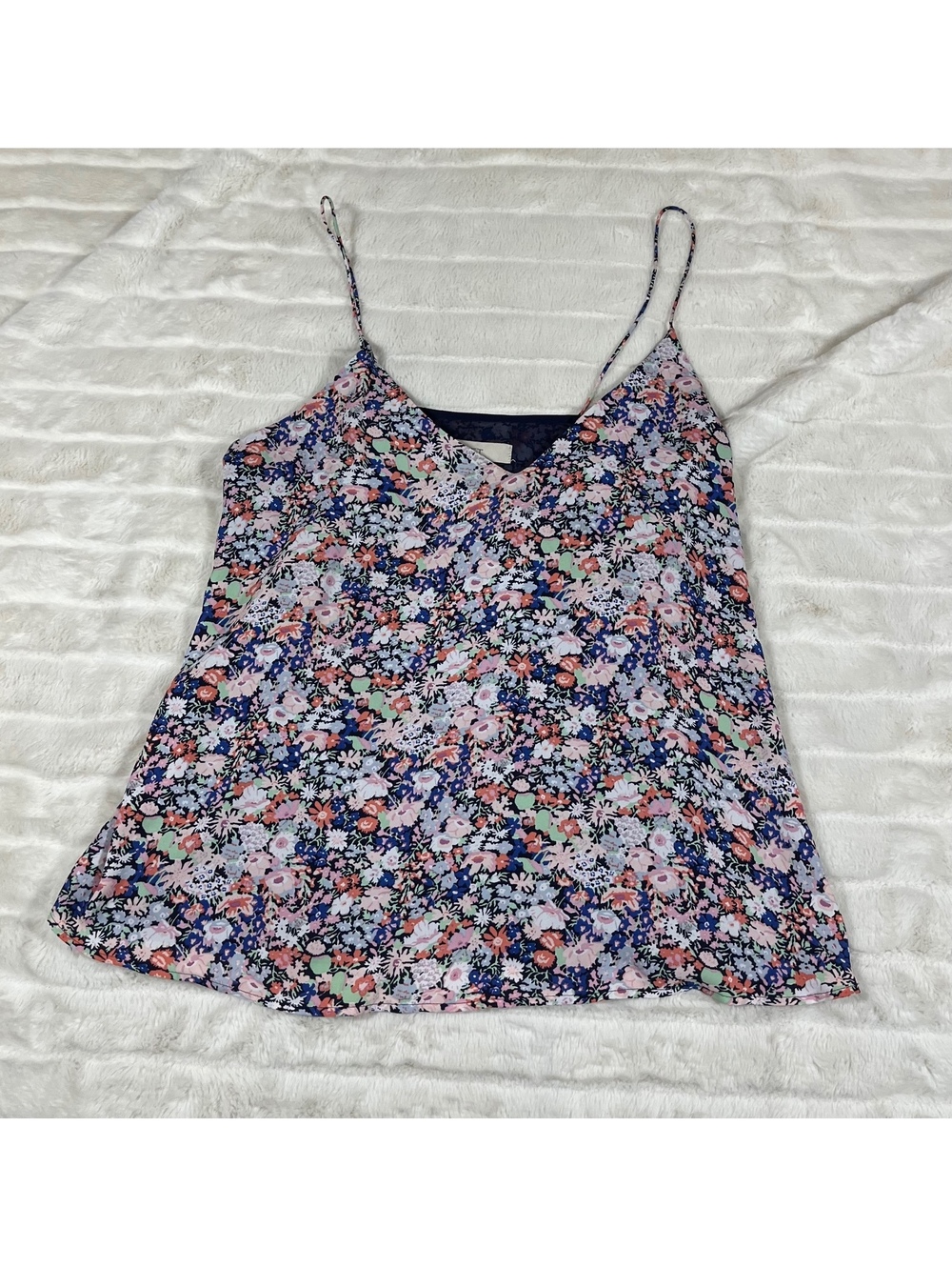 LOFT Women's M Lined Blue Pink Maximal Floral Camisole Preppy Spring Tank Top